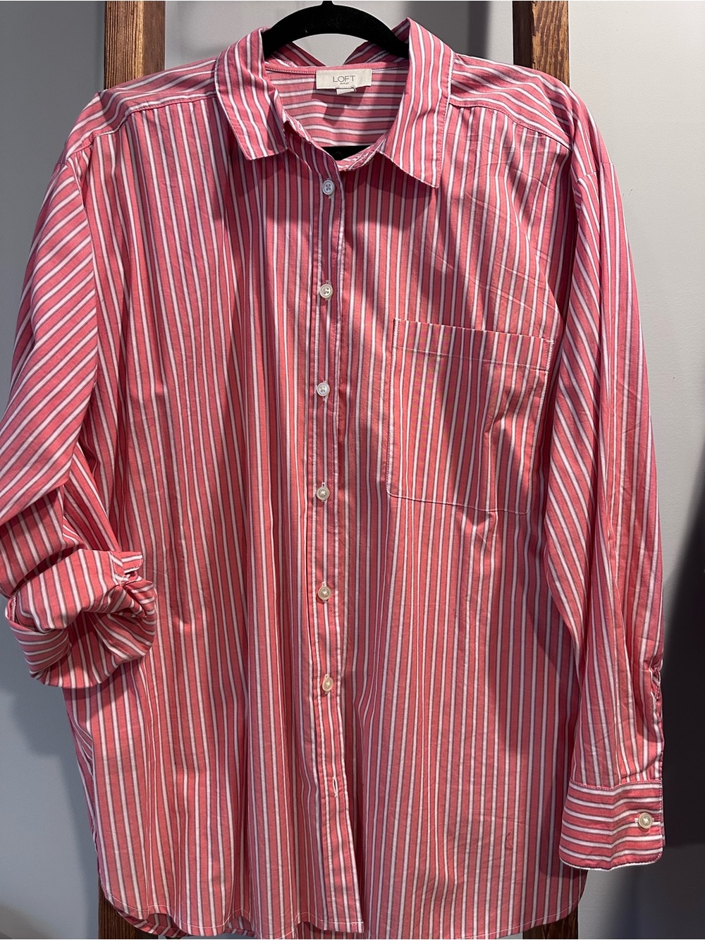 LOFT Pink/salmon and White Striped Button-Down Shirt
